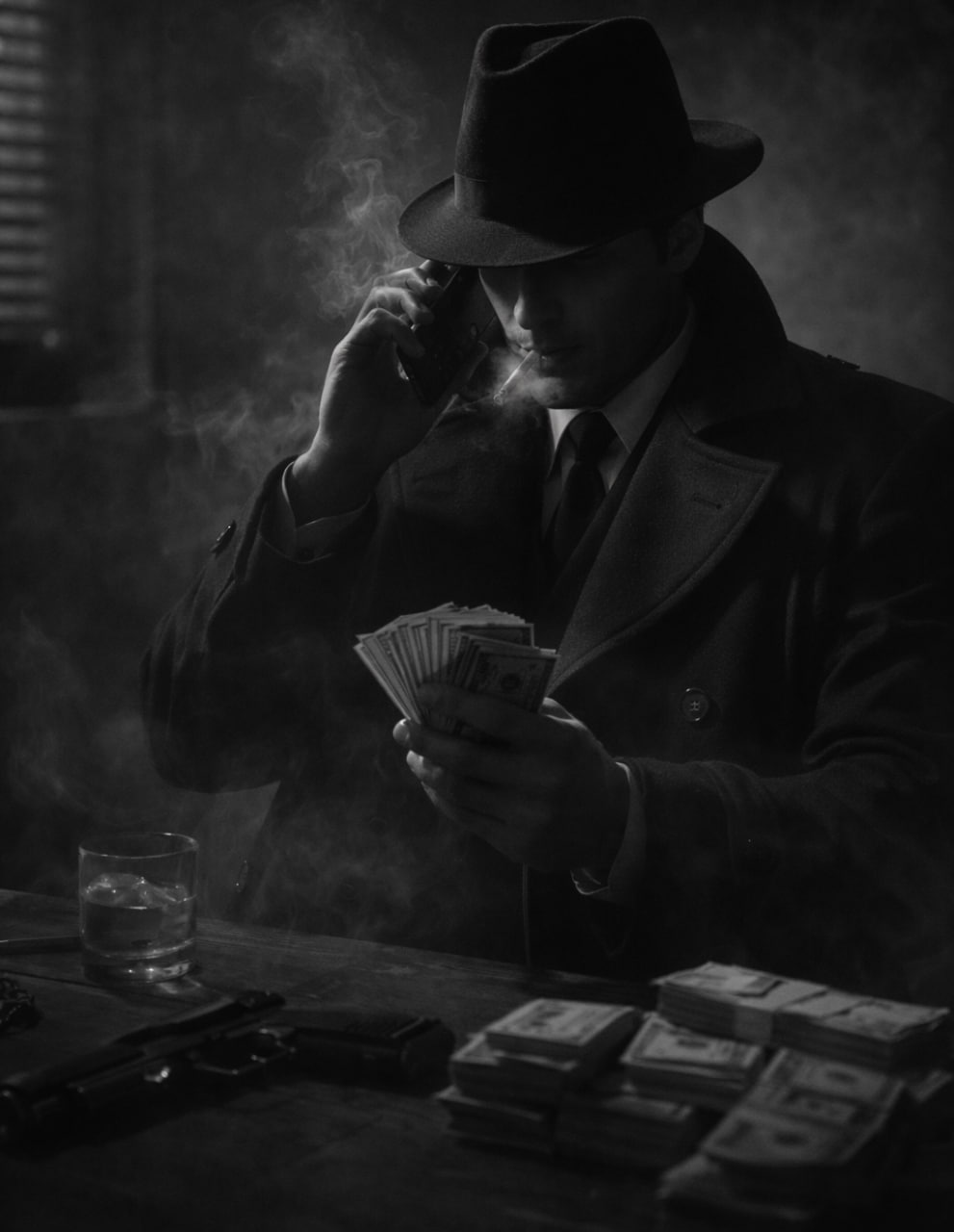 A man in a fedora counting stacks of cash in a dark room