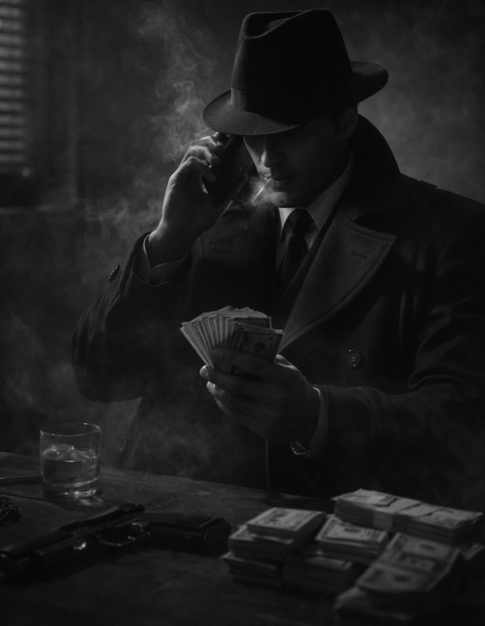 A man in a fedora counting stacks of cash at a desk in a dim noir office