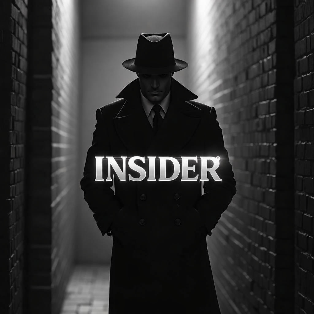 Shadowy figure in a fedora and trench coat with the INSIDER wordmark glowing across his chest