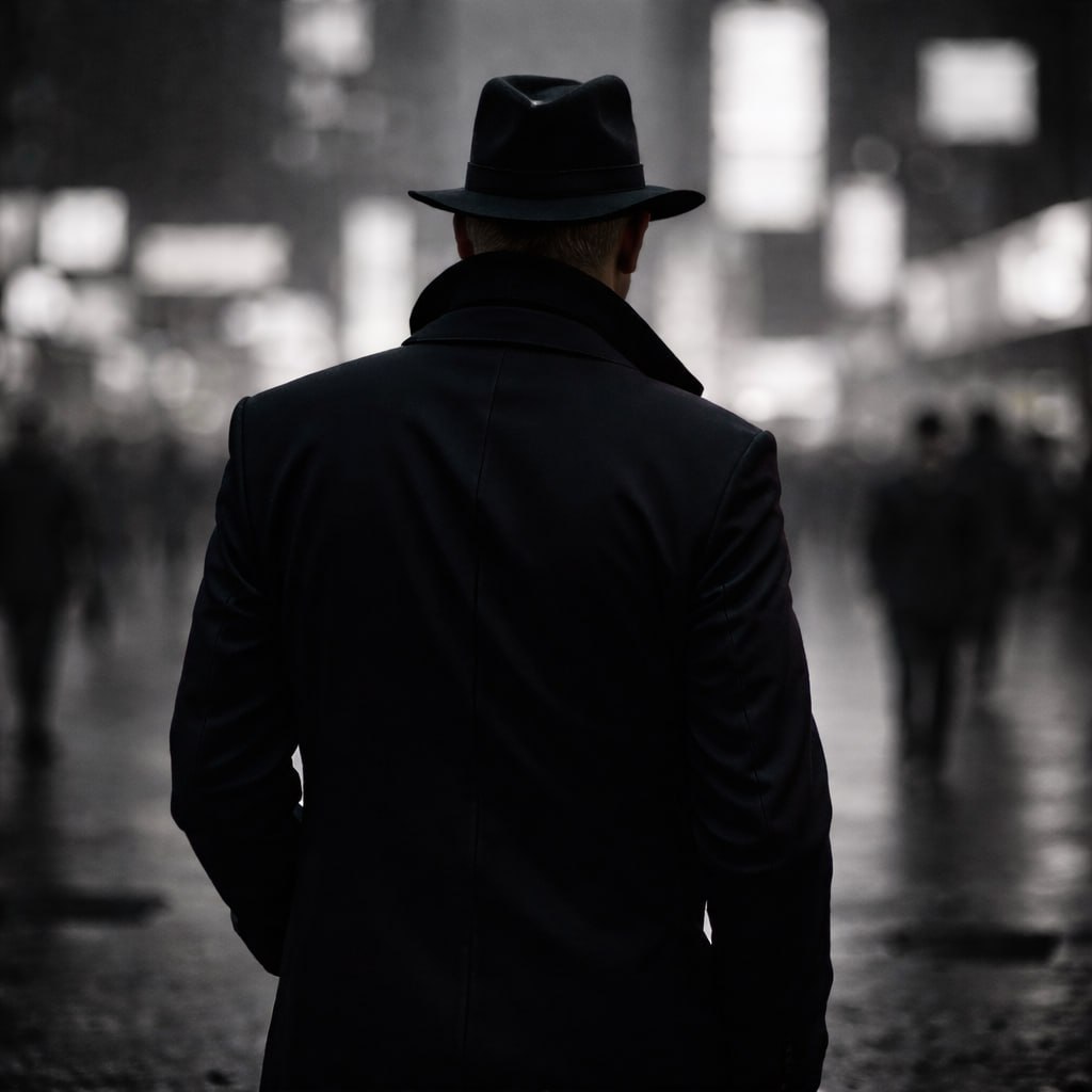 A lone figure in a hat and coat walking through a foggy, neon-lit city street at night